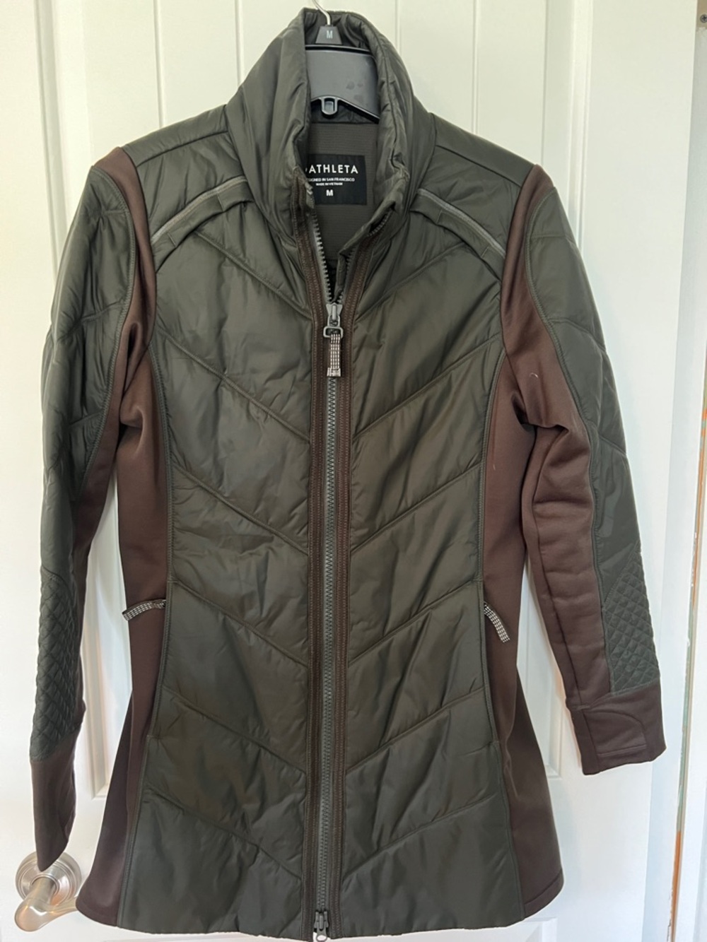 Athleta Olive and Brown Quilted Hybrid Jacket
